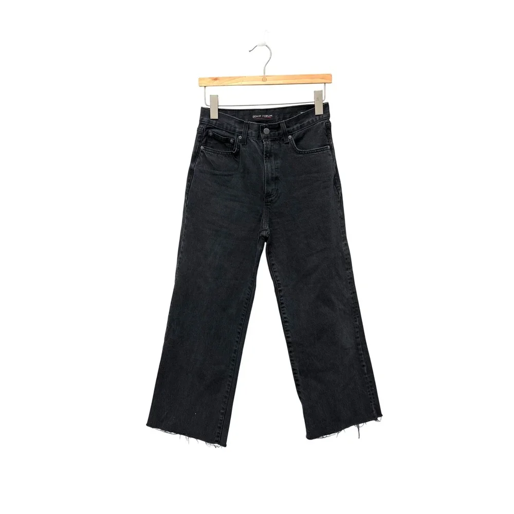 Denim Forum‎ The Farrah Hi-Rise Wide Leg Jeans Black Raw Hem Size 26